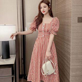 Puff-sleeve Plaid Square-neck Dress