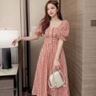 Puff-sleeve Plaid Square-neck Dress