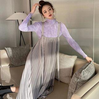 Set: Long-sleeve Top + Pleated Midi Overall Skirt