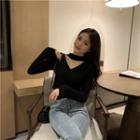 Long-sleeve Mock-neck Cutout Wrap Knit Crop Top