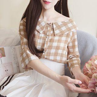 Plaid 3/4-sleeve Chiffon Top