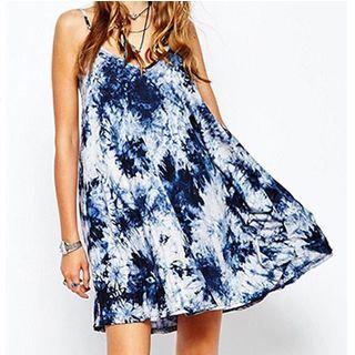 Spaghetti-strap Printed A-line V-neck Sheath Dress