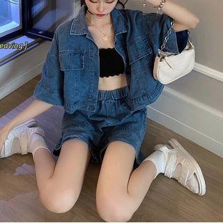 Set: Denim Cropped Shirt Jacket + Wide-leg Shorts