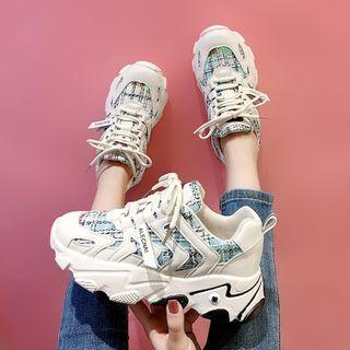 Printed Fabric Faux Leather Chunky Sneakers