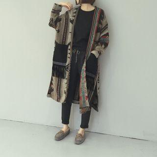 Long-sleeve Slit Long Cardigan Khaki - One Size