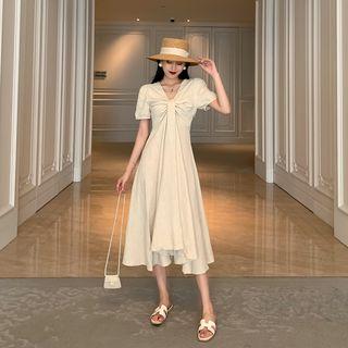 Knot High-waist Short-sleeve Dress Beige - One Size