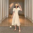 Knot High-waist Short-sleeve Dress Beige - One Size