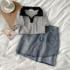 Short-sleeve V-neck Striped Polo Shirt / Denim Mini Skirt