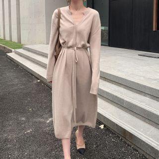 Tie-waist Split-neck Midi Sweater Dress
