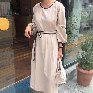 Puff-sleeve Contrast Trim A-line Midi Dress