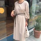 Puff-sleeve Contrast Trim A-line Midi Dress