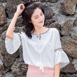 Elbow-sleeve Fringed Embroidered Top