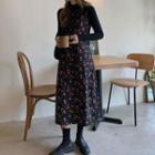 Long-sleeve Knit Top / Spaghetti Strap Floral Print Midi A-line Dress