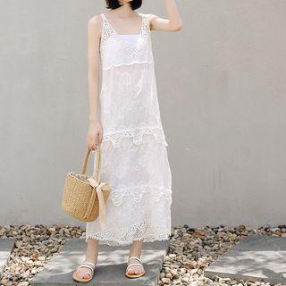 Crochet Trim Maxi Tank Dress White - One Size