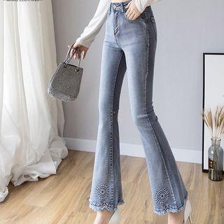 High-waist Embroidered Fray-hem Boot-cut Jeans