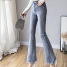 High-waist Embroidered Fray-hem Boot-cut Jeans