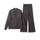 Set: Plain Knit Cardigan + High-waist Wide-leg Pants Dark Gray - One Size