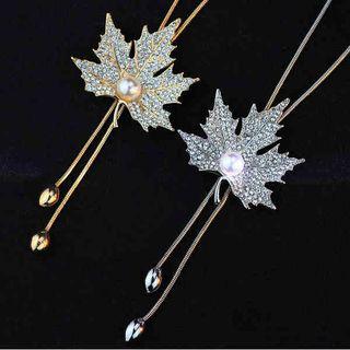 Faux Pearl Rhinestone Leaf Pendant Necklace