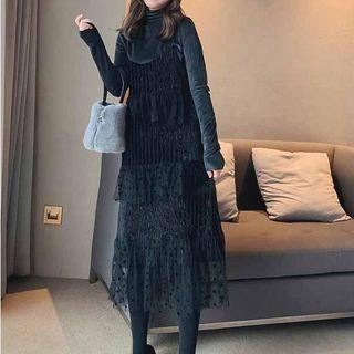 Set: Velvet Turtleneck Long-sleeve T-shirt + Mesh Spaghetti Strap Dress