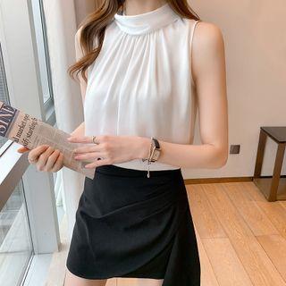 Sleeveless Mock-neck Ribbon Back Blouse