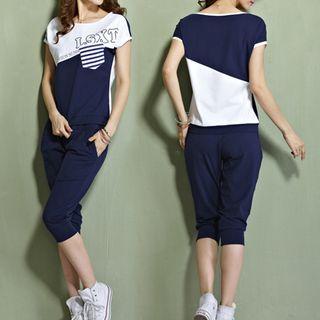 Set: Cap-sleeve Color Block T-shirt + Cropped Sweat Pants