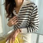 Collared Striped Knit Top Ivory - One Size