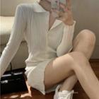 Collared Knit Mini Bodycon Dress White - One Size
