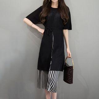 Set: Slit Front Short-sleeve Knit Top + Striped Wide Leg Cropped Pants