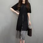 Set: Slit Front Short-sleeve Knit Top + Striped Wide Leg Cropped Pants