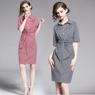 Plaid Elbow-sleeve Shirt Dress