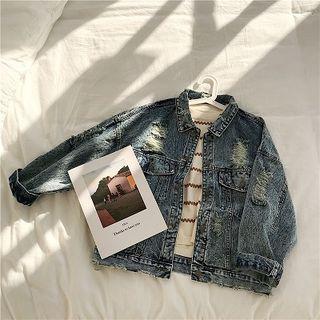 Distressed Single-breasted Long-sleeve Denim Jacket