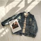 Distressed Single-breasted Long-sleeve Denim Jacket