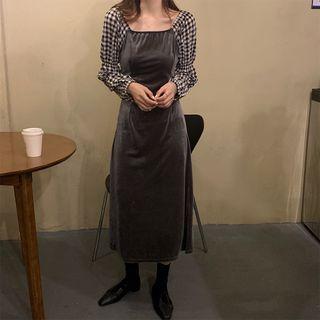 Square Neck Velvet Panel Gingham Midi Dress Gray - One Size