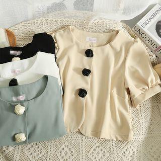 Rose-accent Crew-neck Crop Blouse