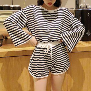 Set: Long-sleeve Striped T-shirt + Sweatshorts Stripe - As Shown In Figure - One Size
