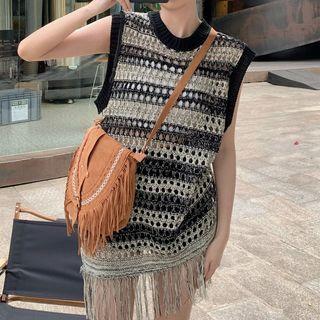 Sleeveless Fringed Knit Mini Dress Black - One Size