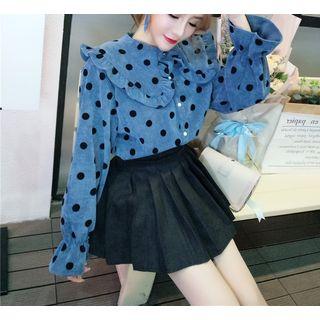 Set: Bell-sleeve Dotted Corduroy Shirt + Mini Pleated Skirt
