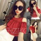 Short-sleeve Off-shoulder Crewneck Frill Top