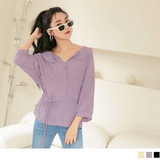3/4 Sleeve Ruffled Collar Plain Tie-waist Tunic Blouse