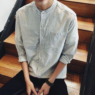 Striped 3/4 Sleeve Band Collar Shirt