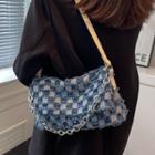 Check Fray Hem Denim Shoulder Bag