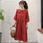 Peter-pan-collar Dotted 3/4-sleeve Dress Red - One Size