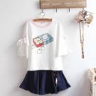3/4-sleeve Cartoon Print Ribbon T-shirt / Lace-up A-line Skirt / Set