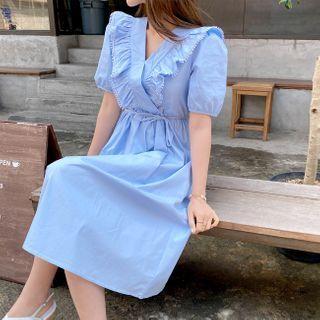 V-neck Frill-trim Dress With Cord