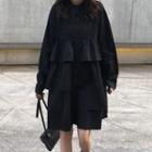 Ruffle Long-sleeve Shift Dress Black - One Size