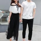 Couple Matching Elbow-sleeve Cold Shoulder Midi Dress / Short-sleeve Top