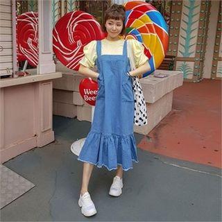 Ruffle-hem Denim Long Pinafore Dress