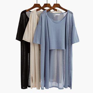 Set: Knit Camisole + Elbow Sleeve Long Sheer Cardigan