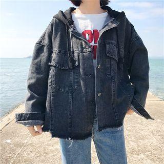 Fray-hem Print Hooded Buttoned Denim Jacket Black - One Size