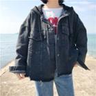 Fray-hem Print Hooded Buttoned Denim Jacket Black - One Size